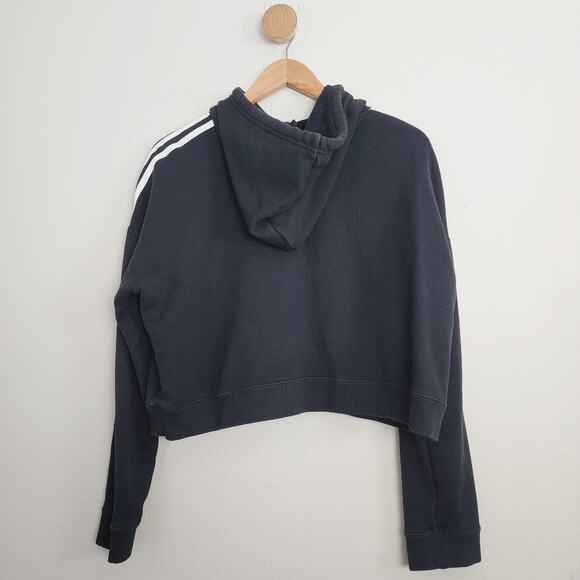 Adidas Iconic 3-Stripes Cropped Fleece Hoodie Black Oversized L Cotton - Picture 9 of 9